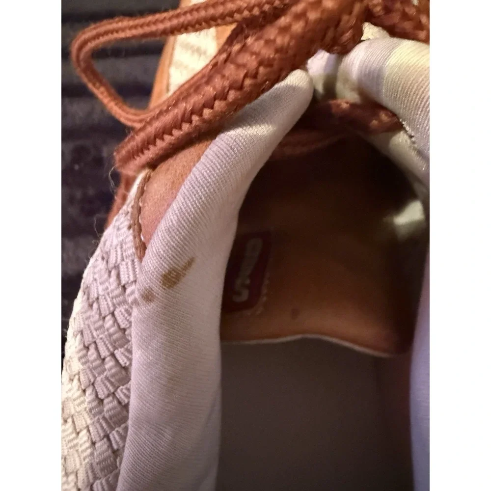 SAO Mens Size 12M Comfort Shoes Brown Beige Leather Sneakers Herringbone Pattern
